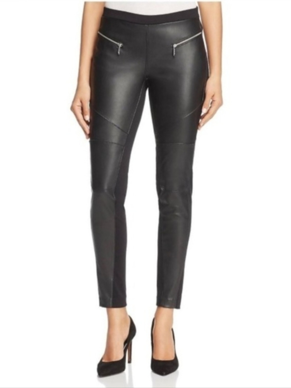 Michael Kors Black Faux Leather and Zip front Moto Skinny Pants - Women 1x